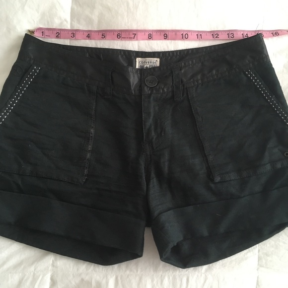 Converse One Star Size 4 Black/Satin Trim Linen Shorts - Picture 9 of 10
